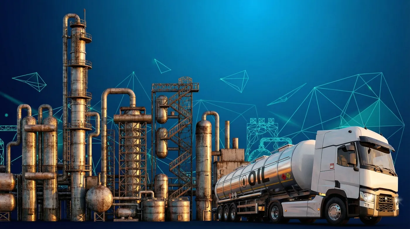 the conventional way — one central plant, tanks, trucks, flare: every wellhead → one plant → one failure mode